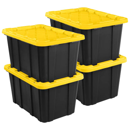 Sterilite 4-Pack 27 Gallon Industrial Storage Tote, Heavy-Duty Plastic Bins, Black/Yellow - Stackable Utility Organizers with Lids for Garage, Camping Tools, and Outdoor Gear