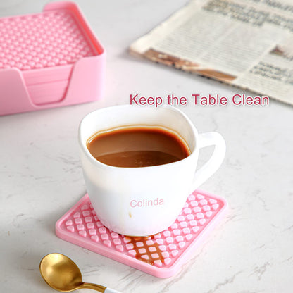 Colinda Silicone Drink Coasters with Holder, Set of 6, for Tabletop Protection and Office Desk, Cup Mat Set for Home Decor, Non-Slip and Non-Stick,Square, 4 Inch,Chocolate Brown