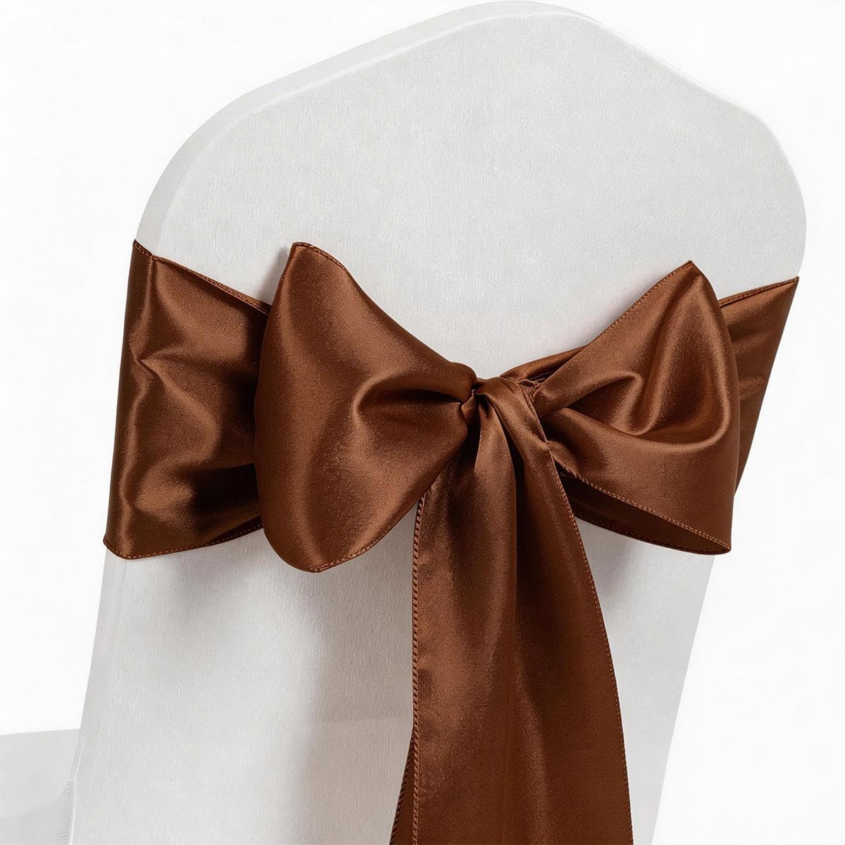 MAGTOWNE Brown Chair Sashes 50 Pack, Chocolate Satin Chairs Bows Ribbons for Party Wedding, Universal Ties Knots for Folding Chairs Decor