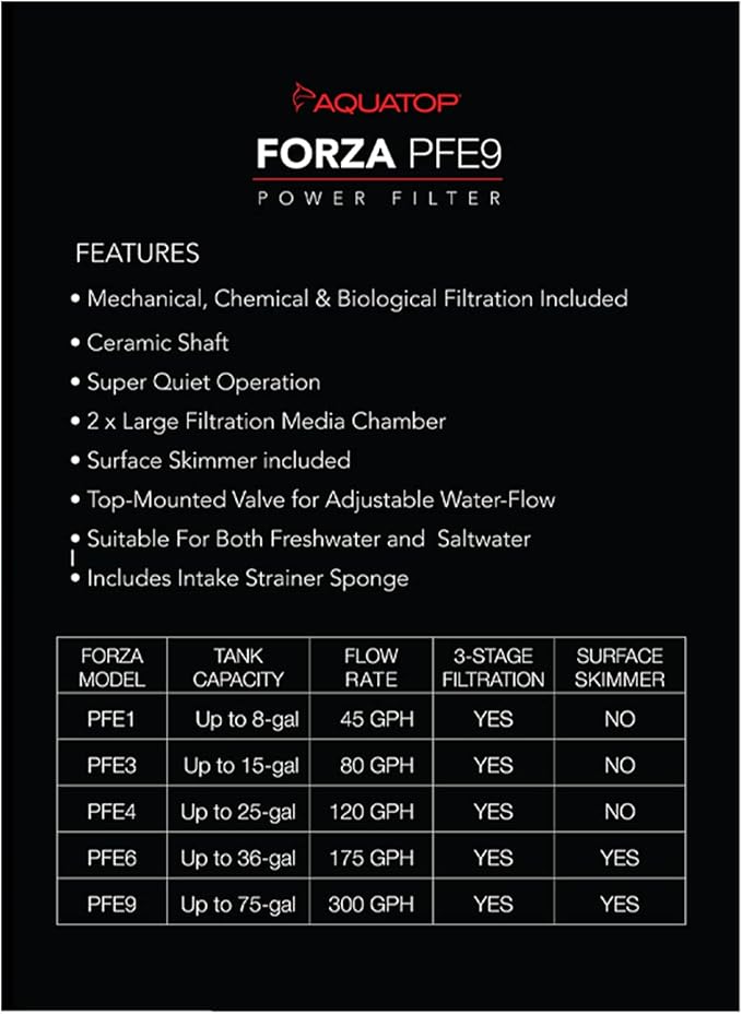 Aquatop Forza Power Filter Surface Skimmer for Aquariums - Adjustable Flow Rate - 40-80 Gallon - Includes Mechanical, Bio-Chemical Filtration