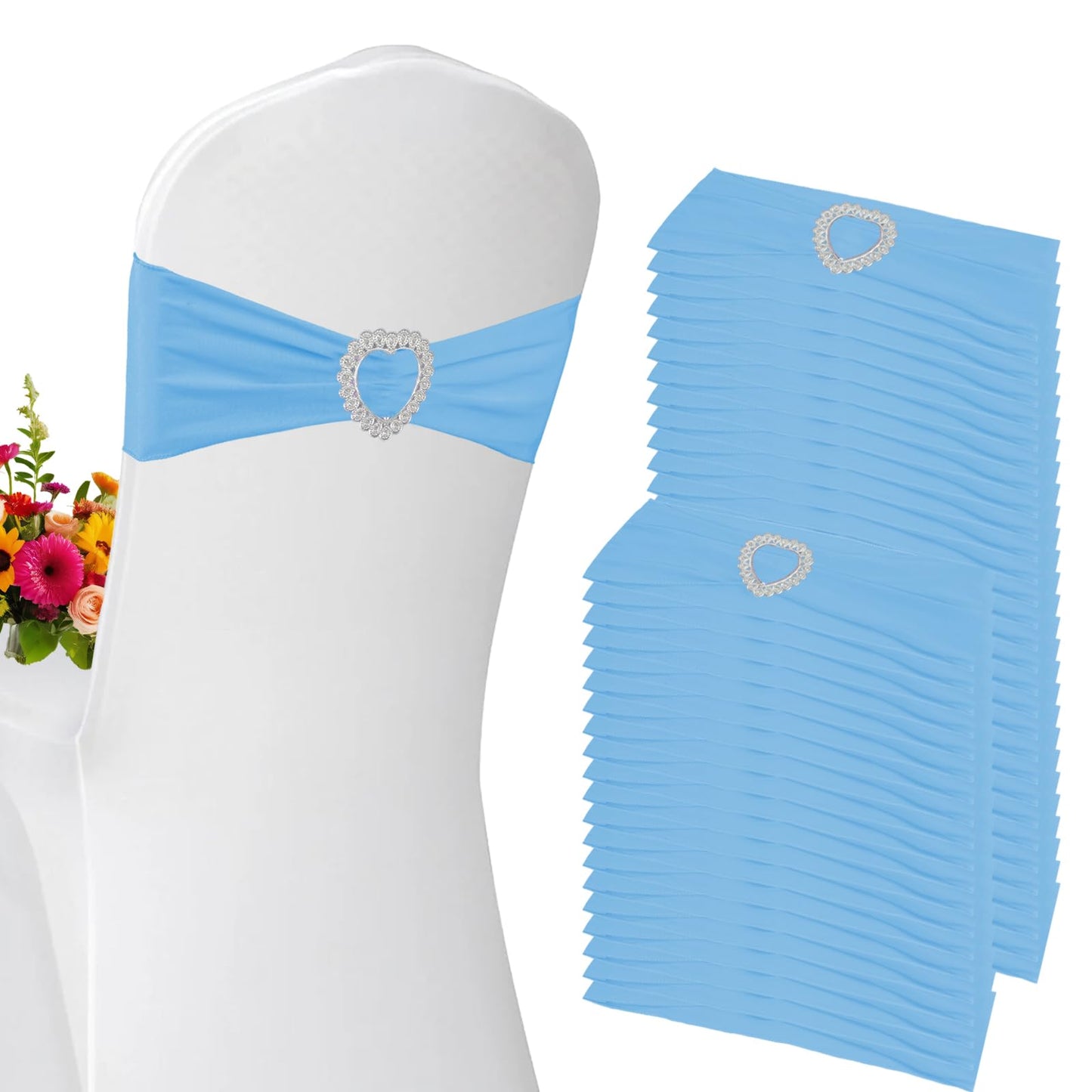 Zrlljp 100 Pack Spandex Stretch Blue Chair Sashes Bows Universal Elastic Light Blue Chair Cover Bands Ties with Buckle Slider for Wedding Party Banquet Ceremony Reception Event Decorations