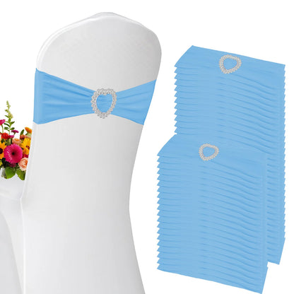 Zrlljp 100 Pack Spandex Stretch Blue Chair Sashes Bows Universal Elastic Light Blue Chair Cover Bands Ties with Buckle Slider for Wedding Party Banquet Ceremony Reception Event Decorations