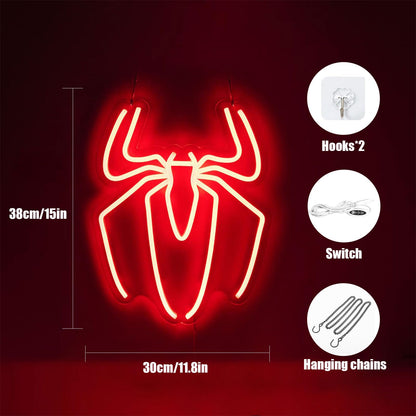 Spider Anime Room Decor Neon Sign - 9 Brightness Adjustments USB Powered Cute Spider Lamp for Boys Bedroom Wall Night Light, Happy Birthday Gift for Kids, Halloween Decoration (Red)