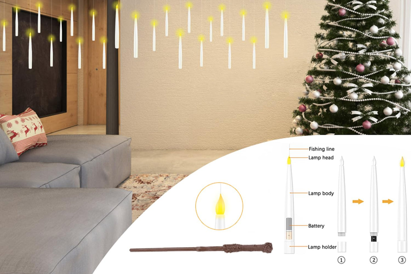 GTYZZH Christmas Decorations, 24PCS Floating Candles with Wand, Hanging Candles with Remote Wand, Warmwhite Flickering Flameless Magic Floating Candle Lights for Halloween Christmas Party