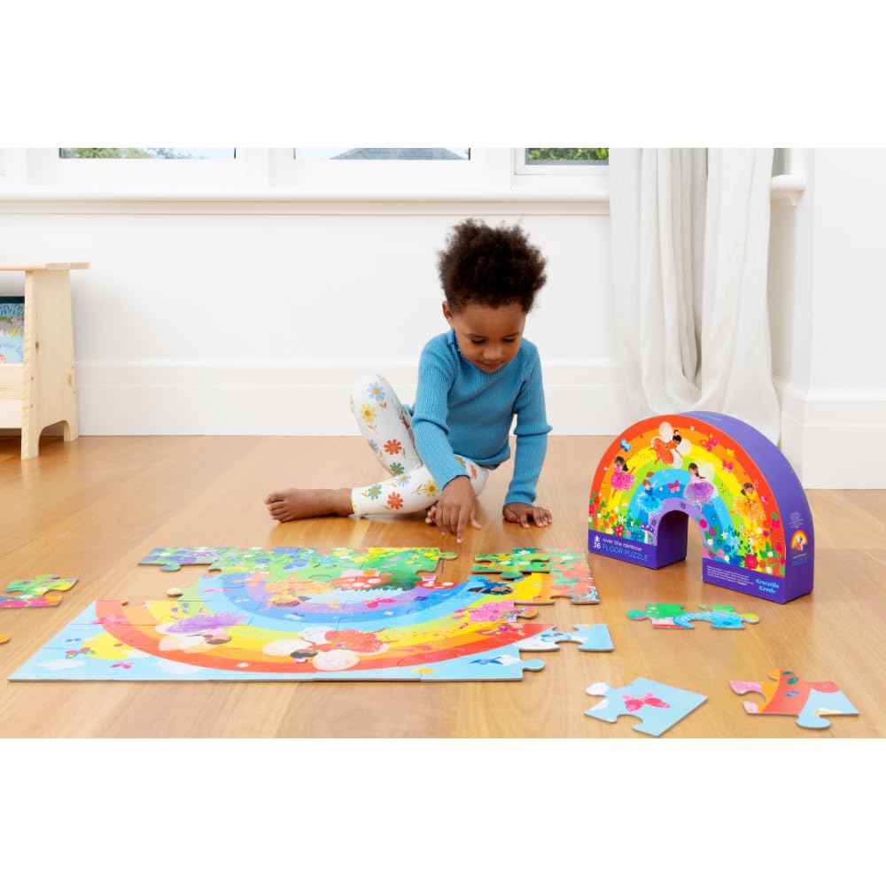 Crocodile Creek 36-Piece Jigsaw Floor Puzzle - Fun Floor Puzzles for Kids Ages 3-5 - Heavy-Duty Shaped Box for Storage - Over The Rainbow - 24" W x 18" H Finished