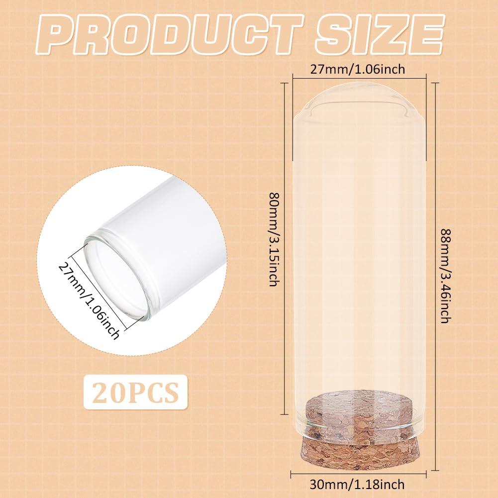 BENECREAT 20Pcs Dome Decorative Jars, 1.2x3.4inch Glass Display Dome Cloche Glass Bell Jar with Cork Base for Flower Storage, Specimens, Crafts Decorations