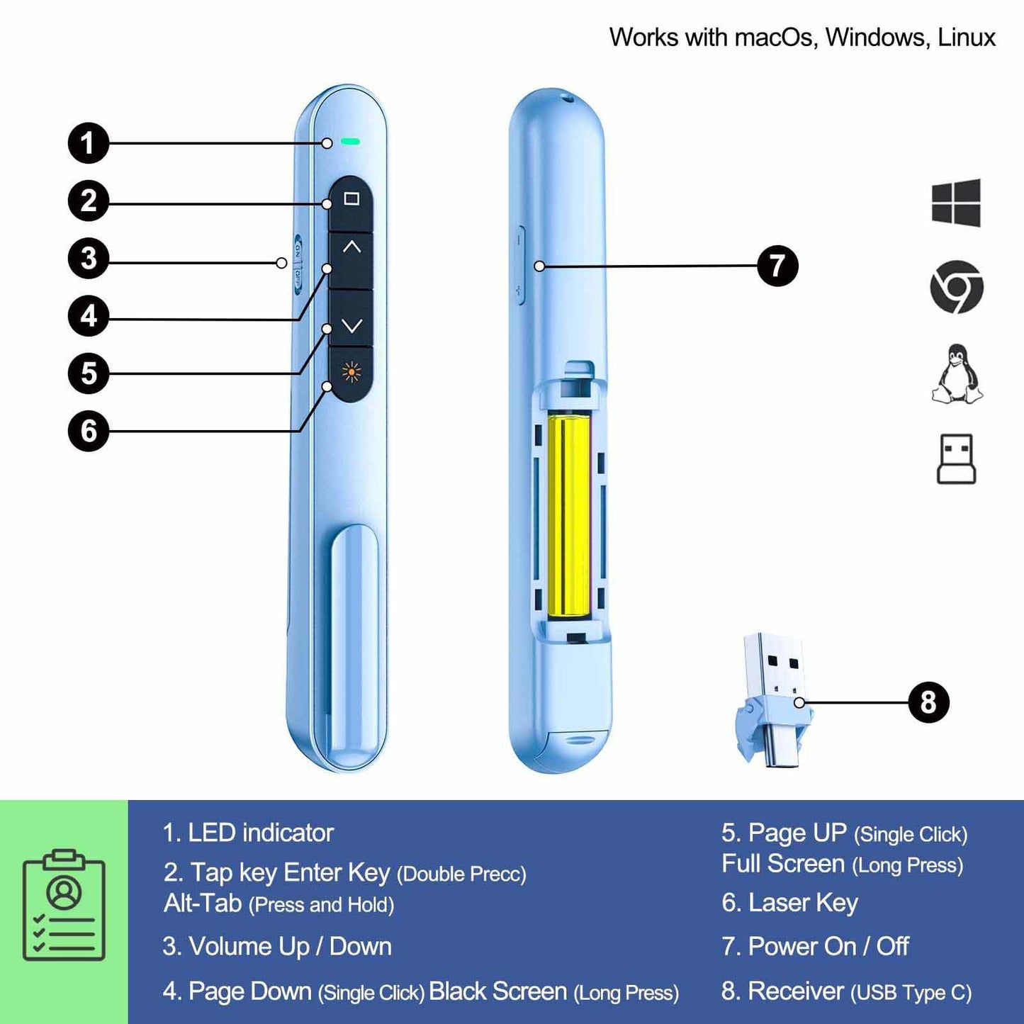 QUI Presenter Clicker USB A&C Bundle | BK600 Slim-Shaped Blue & BQ100 Remote-Shaped Pink