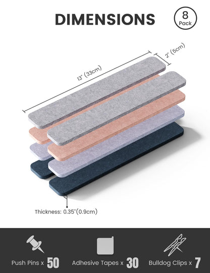Fluxynara Cork Board Alternative Felt Strip Board 8-Pack 13"x2", Office Pin Board with 50 Push Pins, Adhesive Install for Bedroom Door & Home Office (Heather Grey)