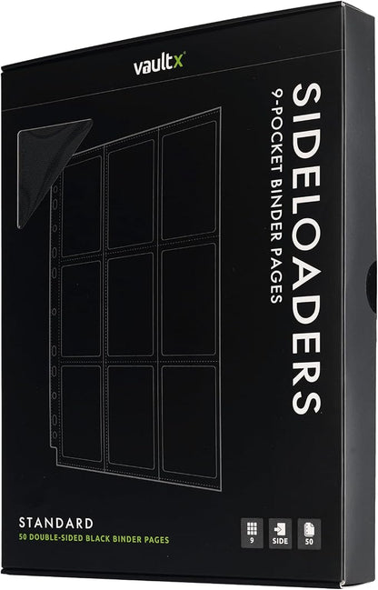 Vault X 9 Pocket Sideloading Pages for 3 Ring Binder (50 Pack) 900 Cards, Double-Sided A4, Storage for Trading Cards (Black)