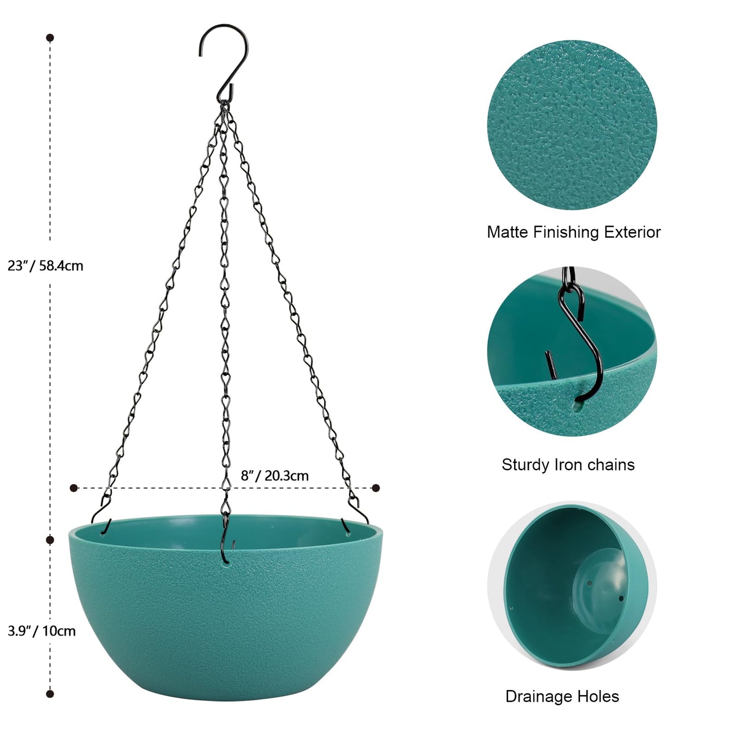 Meowell 8 inch Small Hanging Planters Plant Pots for Indoor Outdoor Plants, 2 Pack Hanging Flower Pots with Drainage Holes and Chain for Garden, Plastic Hanging Baskets for House Plants, Blue Green