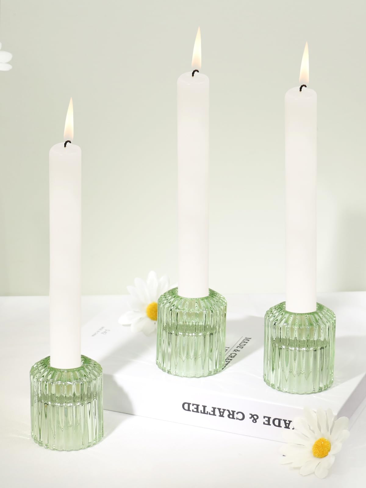 CHOCSTAY 3 Pcs Reversible Green Glass Candle Holders for Taper Tealight LED
