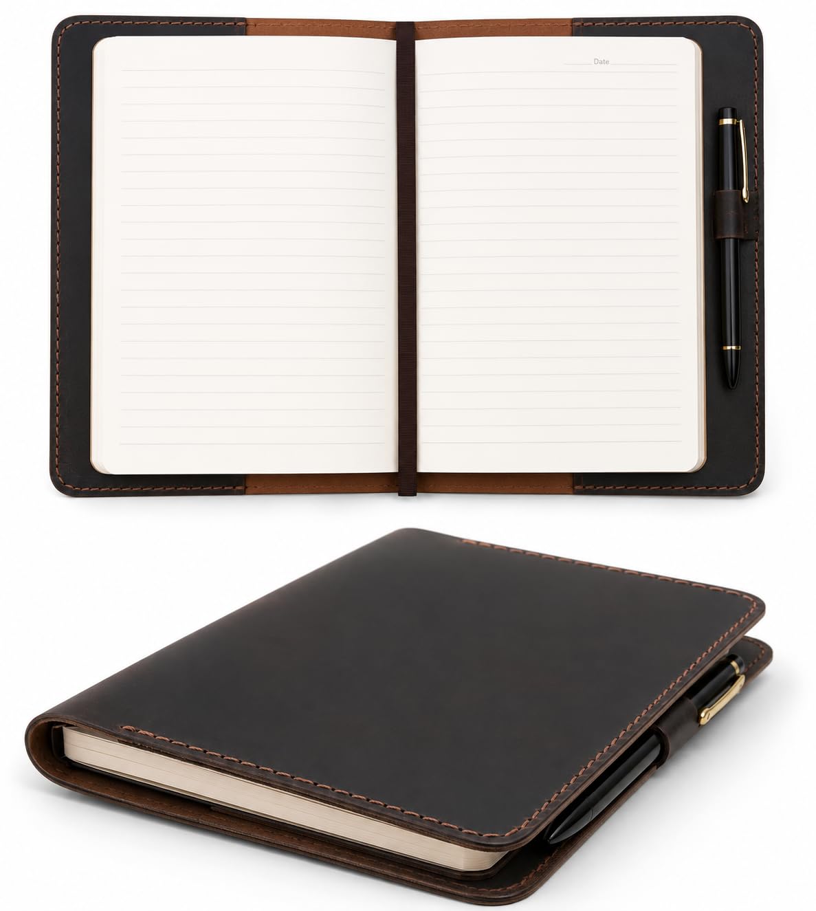 CestAntiQ Full Grain Leather A5 Journal Cover for 5.75 x 8.25 in Hardcover Notebook, Refillable Leather Notebook Cover with Pen Loop, Compatible with Leuchtturm1917, Moleskine & A5 Planners, Handmade (Dark Brown)
