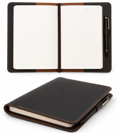 CestAntiQ Full Grain Leather A5 Journal Cover for 5.75 x 8.25 in Hardcover Notebook, Refillable Leather Notebook Cover with Pen Loop, Compatible with Leuchtturm1917, Moleskine & A5 Planners, Handmade (Dark Brown)