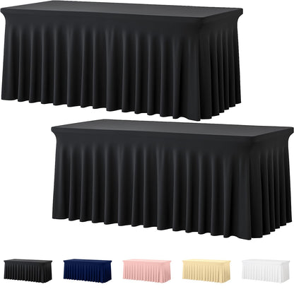Deep Dream 2 Pack Black Spandex Table Covers 6 Foot, Fitted Stretch Tableclothes 30x72 Inch, Wrinkle Free 6FT Fitted Table Clothes with Skirt for Party, Banquet, Wedding and Events