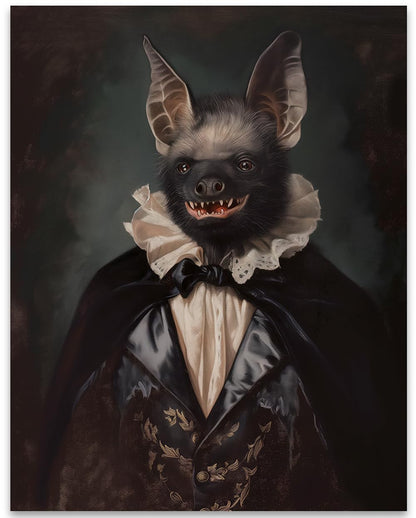 Vampire Bat Portrait 11x14 Poster Retro Gothic Dracula-Formal Bat-Creepy & Spooky Halloween Decor-Dark Elegance, Dark Academia, Goth Art, Animal Lover-Fantasy Aesthetic-Eclectic Gothic-Themed Interior