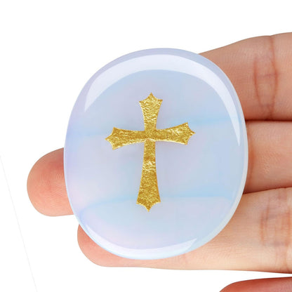 LAIDANLA Opalite Cross Engraved Healing Crystal Worry Stones for Pray Faith Anxiety Relief Oval Palm Stone Polished Natural Crystal Gifts