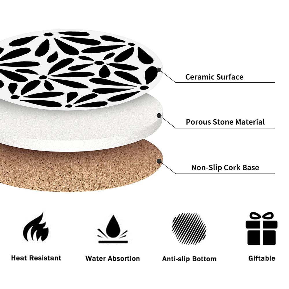 Aowced Drink Absorbent Coasters with Holder Set of 6, Ceramic Stone with Cork Base, Modern Black White Abstract Geometric Coaster for Drinks, Gift for Housewarming Room Bar Home Decor Kitchen