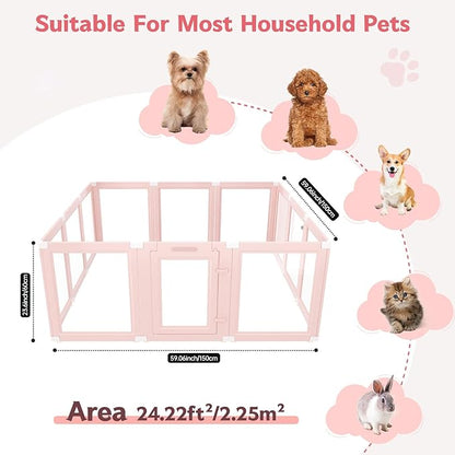 DIY Clear Acrylic Dog Playpen Indoor, Transparent Easy Cleansing Puppy Fence with Suction Cup, Easy-Assemble Indoor Whelping Crate for Small Puppies (23.6" H, 12PCS), Pink