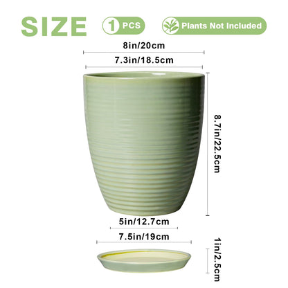 EPFamily Ceramic Pots for Plants - Modern Round 8 Inch Planter with Drainage Hole and Plant Saucer for Flower Indoor Outdoor, Home Decor, House Warming Gifts, Green