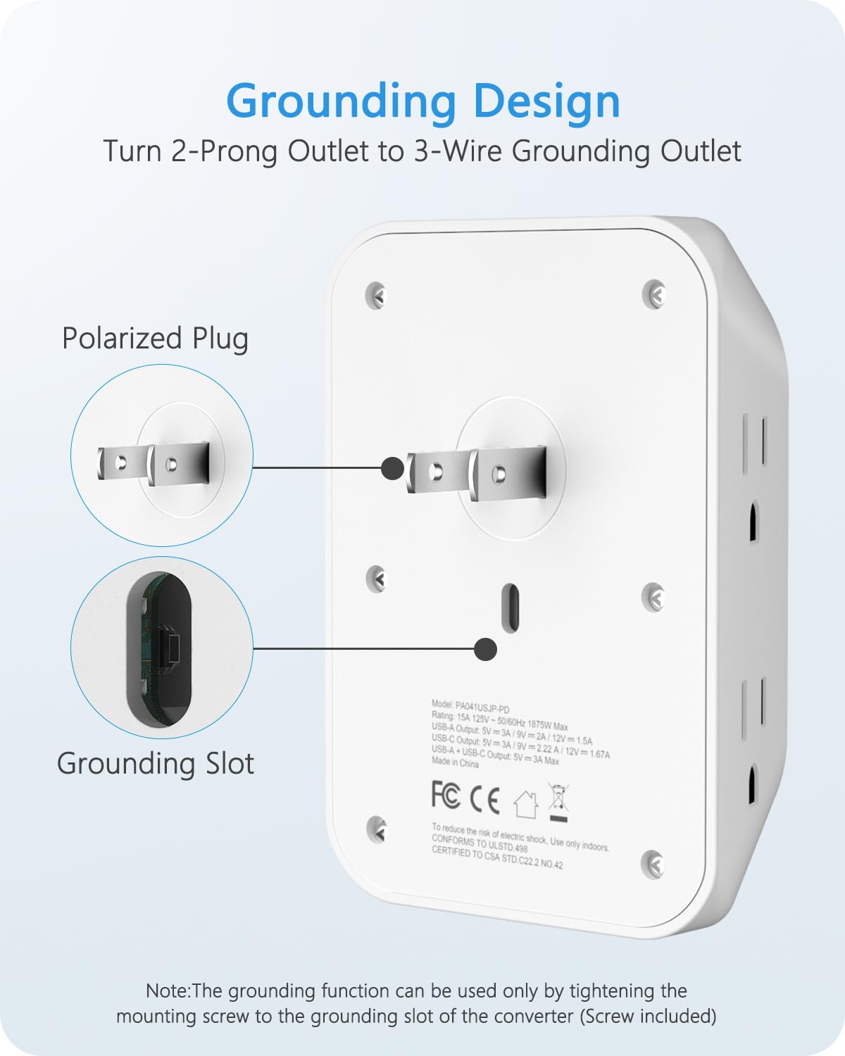 LENCENT 2 Prong Power Strip, 3 to 2 Prong Grounding Outlet Adapter 6 Outlet 1 Type C&2 USB 3.4A, Polarized Plug, 1728J Surge Protector, 3-Sided Wide Spaced Extender,Wall Mount for Non-Grounded Outlet