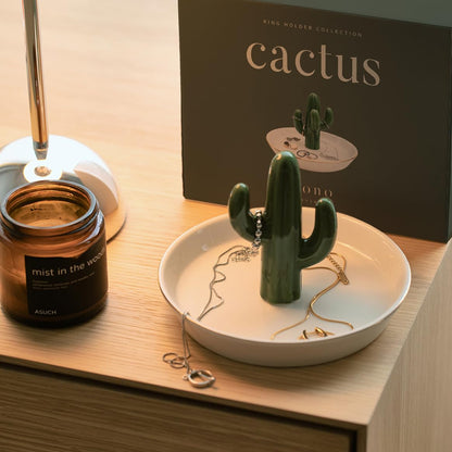 mono living Cactus Jewelry Holder and Ring Dish - Ceramic Succulent Decor for Kitchen Sink or Vanity - Cute Engagement, Birthday, or Mother’s Day Gifts for Women, Gold-Rimmed Trinket Tray