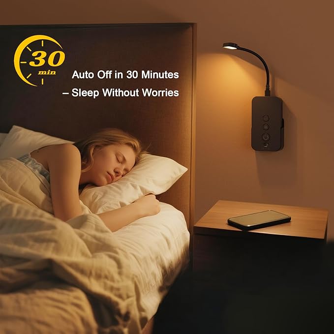 Ellasay Wall Mounted Reading Light: Dimmable LED Book Lights with Timer & Memory - Adjustable Gooseneck USB Powered - Easy Install for Kids Bedroom/Dorm Room/RV 1 Pack (Black)