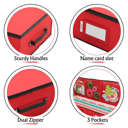 Primode Wrapping Paper Storage Container | Gift Wrap Organizer Under Bed | 41”x14”x6” | Fits 18-24 Rolls Up to 40” | 600D Oxford | Box Holder with Pockets for Ribbon, Bows and Accessories (Red)