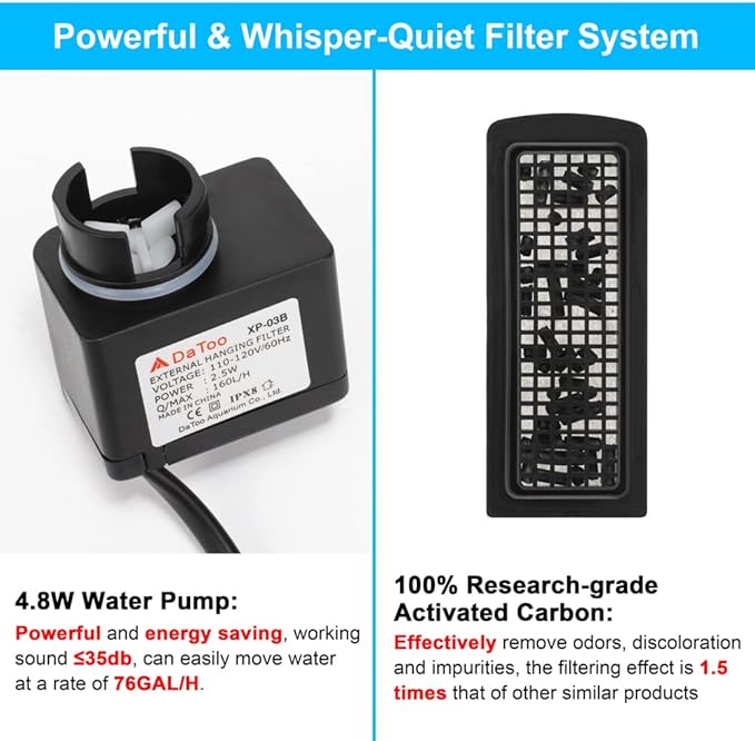 DaToo Aquarium Hang On Filter Small Fish Tank Hanging Filter Power Waterfall Filtration System for 30 to 40 Gallon Aquariums