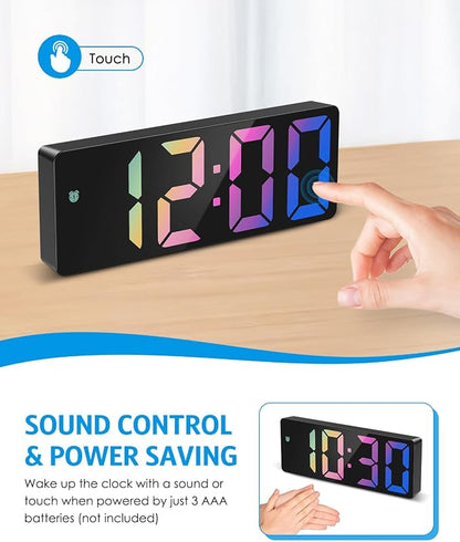 AMIR Digital Alarm Clock Large Display, LED Alarm for Bedroom, USB/Battery Powered Bedside Alarm Clock with Snooze, 12/24H, 3 Adjustable Brightness, Temperature, Desk Clock for Home, Office, Colorful
