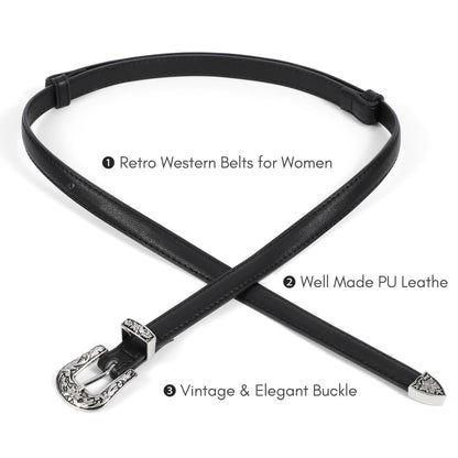 SUOSDEY Western Skinny Leather Belts for Women Adjustable Thin Waist Belt for Dresses with Vintage Buckle