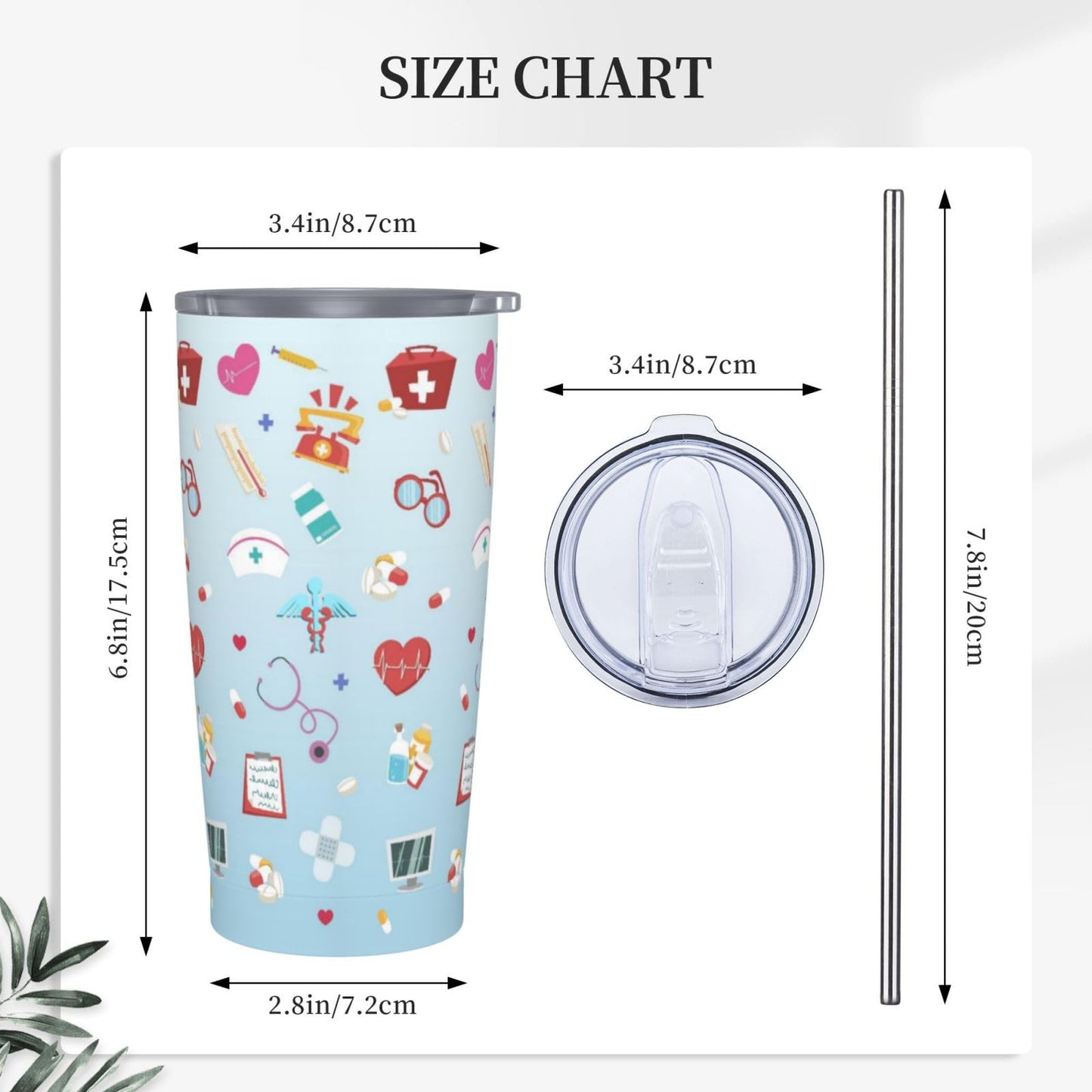 TOUNHEYA Nurse Tumbler with Lid and Straw Blue 20oz Insulated Stainless Steel Cup Blue White Travel Coffee Mug Water Bottle for Women Gift for Birthday Christmas