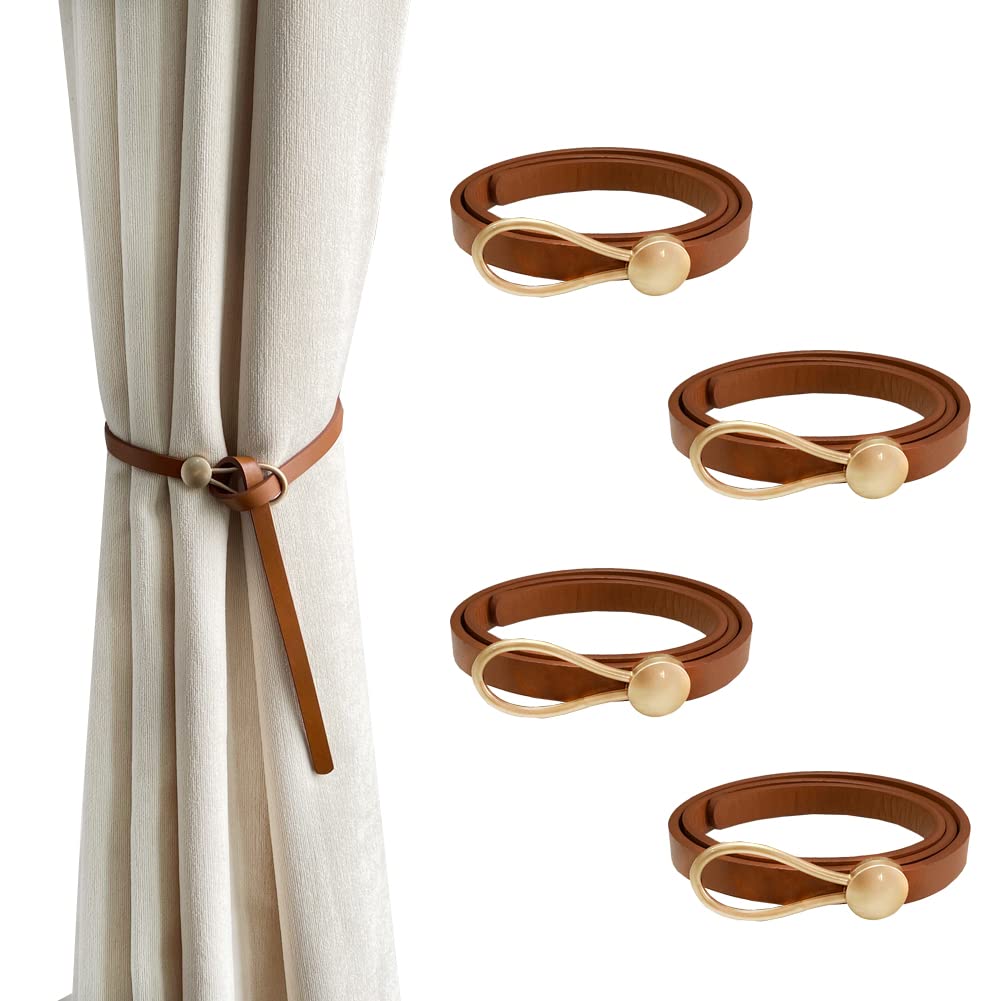 Leather Curtain Tie Backs, 4 Piece Minimalist Leather Drapery Tiebacks, Window Treatment Holdbacks, Housewarming Gift, Modern Home Decor Accessories (Brown)
