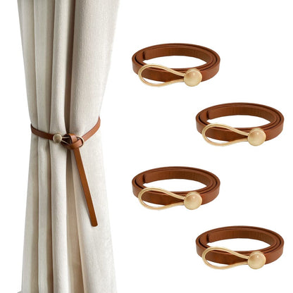 Leather Curtain Tie Backs, 4 Piece Minimalist Leather Drapery Tiebacks, Window Treatment Holdbacks, Housewarming Gift, Modern Home Decor Accessories (Brown)