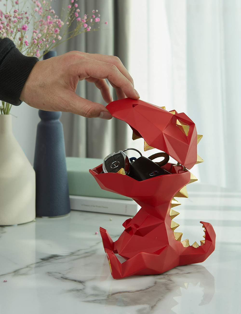 HAUCOZE Dinosaur Candy Dish Cookie Jar Storage Statue Modern Home Decor Sculpture Table Centerpiece Gift for Living Room Red 7.5 Inch