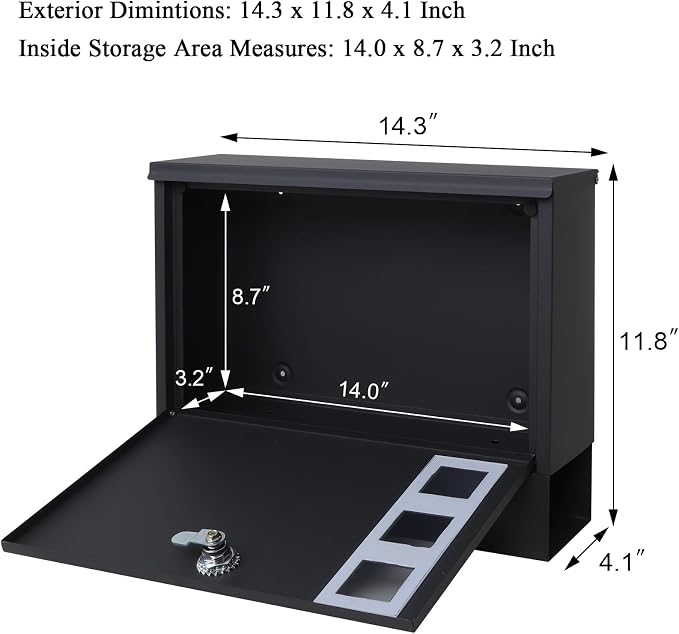 Locking Mailbox Wall Mount for Outside– Jssmst Mailboxes with Key Lock for Front Door Fence, Large Capacity Letter Box, 14.3 x 4.1 x 11.8 Inch, Black, SM-HPB911BN