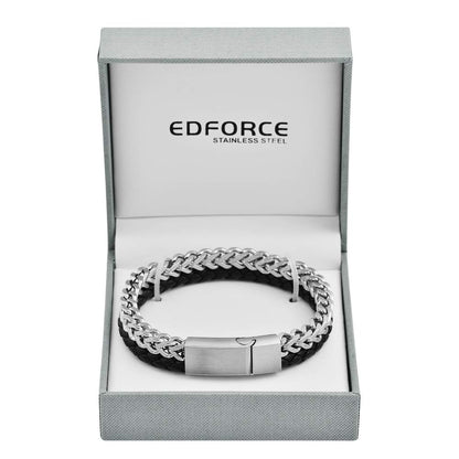 Edforce Stainless Steel Men's Two-Strand Braided Genuine Leather and Franco Curb Chain Bracelet (Silver)
