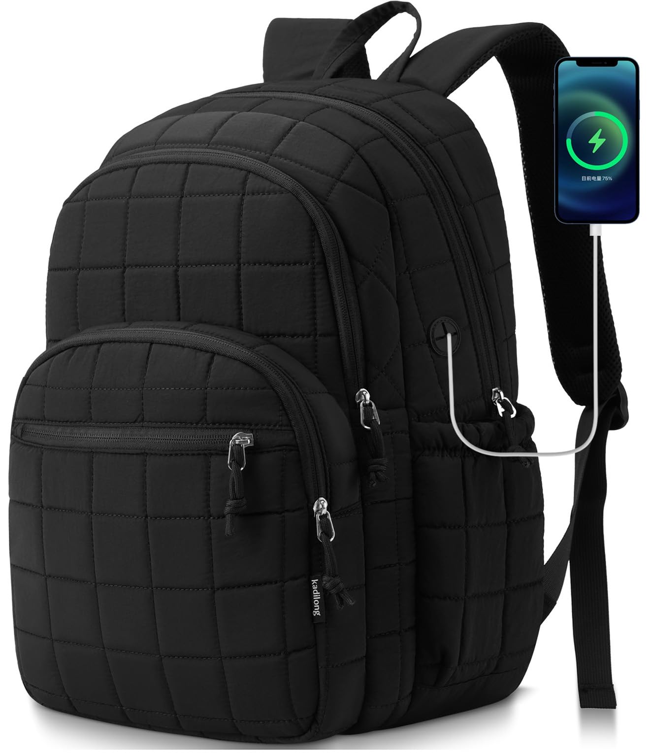 kadilong Laptop Backpack for Women College Travel,Quilted Daypack Bookbag for School Teen Girls Mochilas Mujer,Black