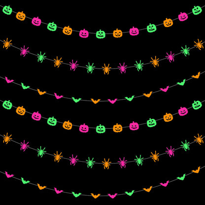 Halloween Party Decorations Neon Banner - 3pcs Glow in The Dark Paper Pumpkin Bats Spiders Hanging Swirls Streamers,Window Fireplace Room Ceiling Garland, Baby Shower Birthday Supplies Decor Panduola