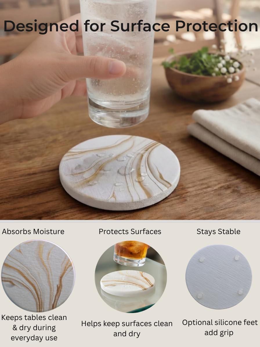 Zelora Absorbent Stone Coasters Set of 6 with Holder – Diatomite Drink Coasters for Cups & Table Protection, Modern Coffee Table, Office Desk & Bar Decor, Outdoor Patio Use, Gift-Ready