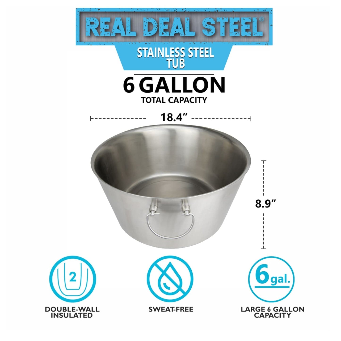 Stainless Steel Insulated Beverage Tub - Real Deal Steel, Large 6 Gallon Round Double Walled Party Tub, Drink Bucket for Parties, Ice Cooler for Wine Beer