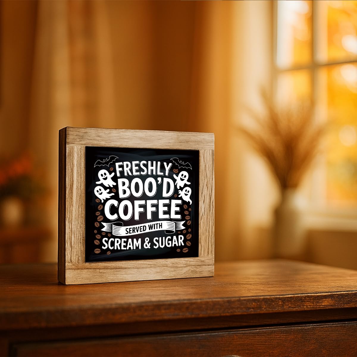 Funny Halloween Ghost Decor, Freshly Boo'd Coffee Sign, Kitchen Decoration for Shelf, Farmhouse Tabletop Decors, Coffee Lover Home Decors, Halloween Cafe Bar Decor 5.9x5.9 inches