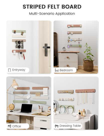 Fluxynara Cork Board Alternative Felt Strip Board 8-Pack 13"x2", Office Pin Board with 50 Push Pins, Adhesive Install for Bedroom Door & Home Office (Boho)