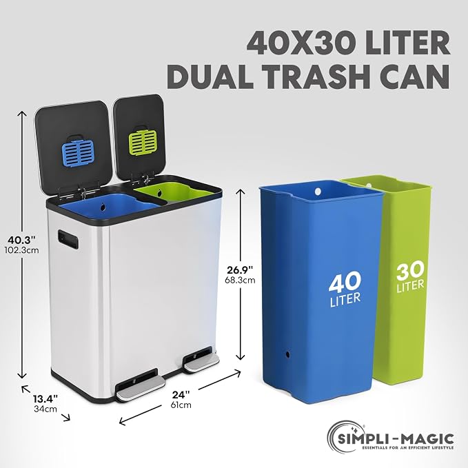 Simpli-Magic 70 Liter / 18.5 Gallon Rectangular Hands-Free Dual Compartment Recycling Kitchen Step Trash Can with Soft-Close Single Lid, Stainless Steel (40L x 30L Capacity), White