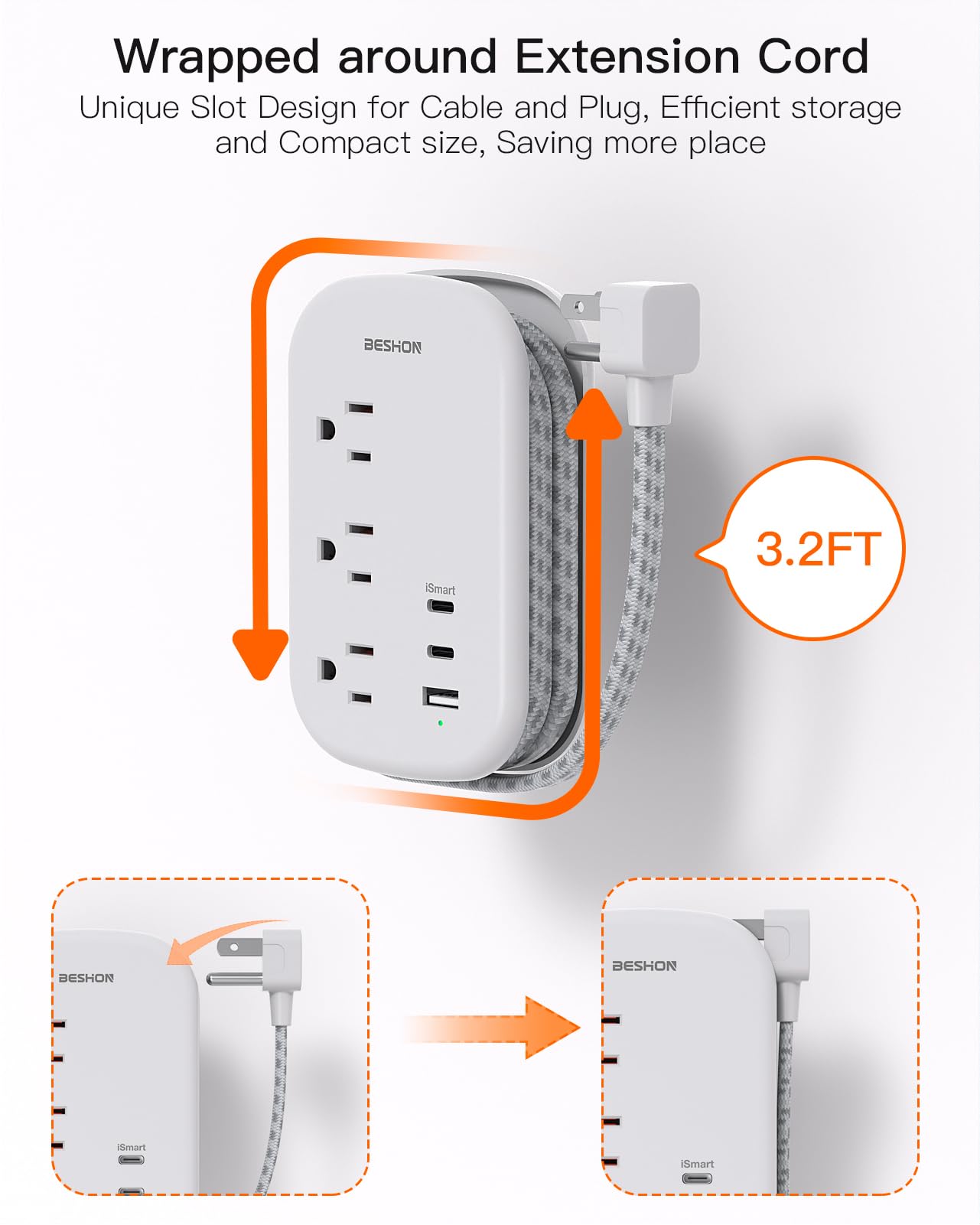 BESHON Flat Plug Power Strip, 3 Outlets with 3 USB Ports(2 USB C), Ultra Flat 3.2ft Wrapped Around Extension Cord for Cruise Ship, Travel, Dorm Room Essentials