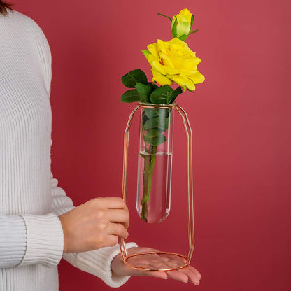 Vases Set of 2 Glass Vases with Metal Frame, Modern Rose Gold Frame Cylinder Clear Vase Planter Terrariums, Flower Holder Decorations for Wedding Living Room, Office, Party (Rose Gold, S+L)