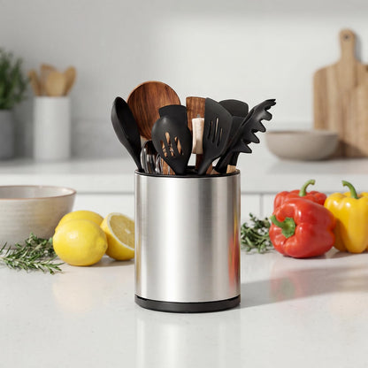 TODAYGO Utensil Holder For Kitchen Counter, Large 360°Rotating Stainless Steel Utensil Crock with 3 Compartment, Drainage Non-Slip