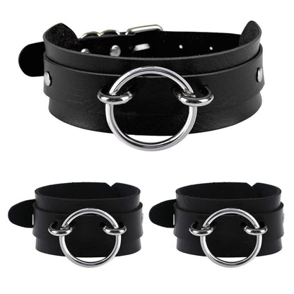 Tosmifairy Black Wide Soft Faux Leather Collar Choker Adjustable Thick PU Necklace and Bracelets Set for Women Men,Circle Ring Charm (Adjusted Neck: 17-21 Inches)