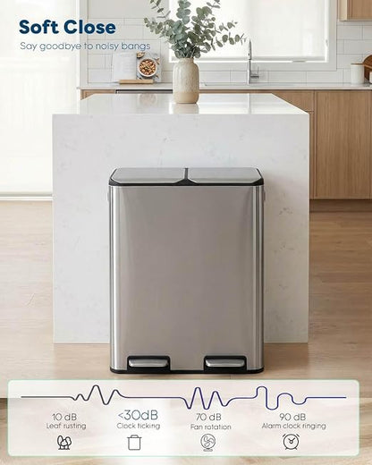 ComfyCorner 16 Gal (2 x 30 L) Dual Trash Can, Stainless Steel Kitchen Garbage Bin, Recycle Dustbin with Odor Control Box, Soft-Close Lid, Inner Buckets, Side Handle, Step Pedal, for Home Office