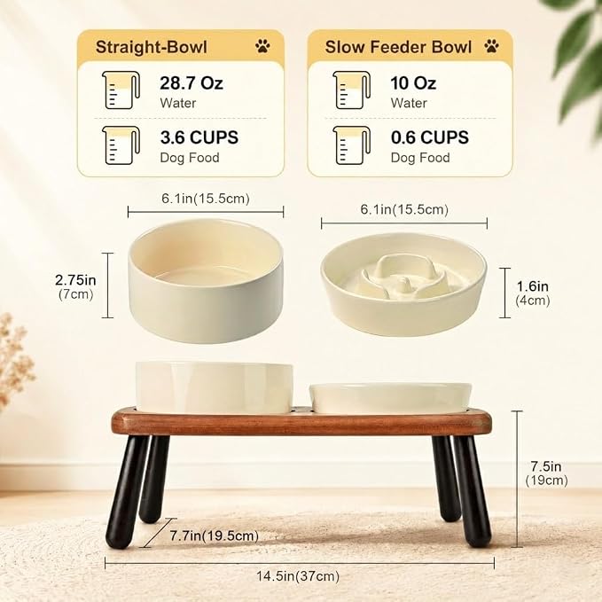SPUNKYJUNKY Ceramic Elevated Dog Bowls with Slow Feeder Raised with Acacia Bamboo Wooden Stand, 6.1'' Dog and Cat Food Water Bowls Set Non-Slip for Small Medium Sized Breed - Beige