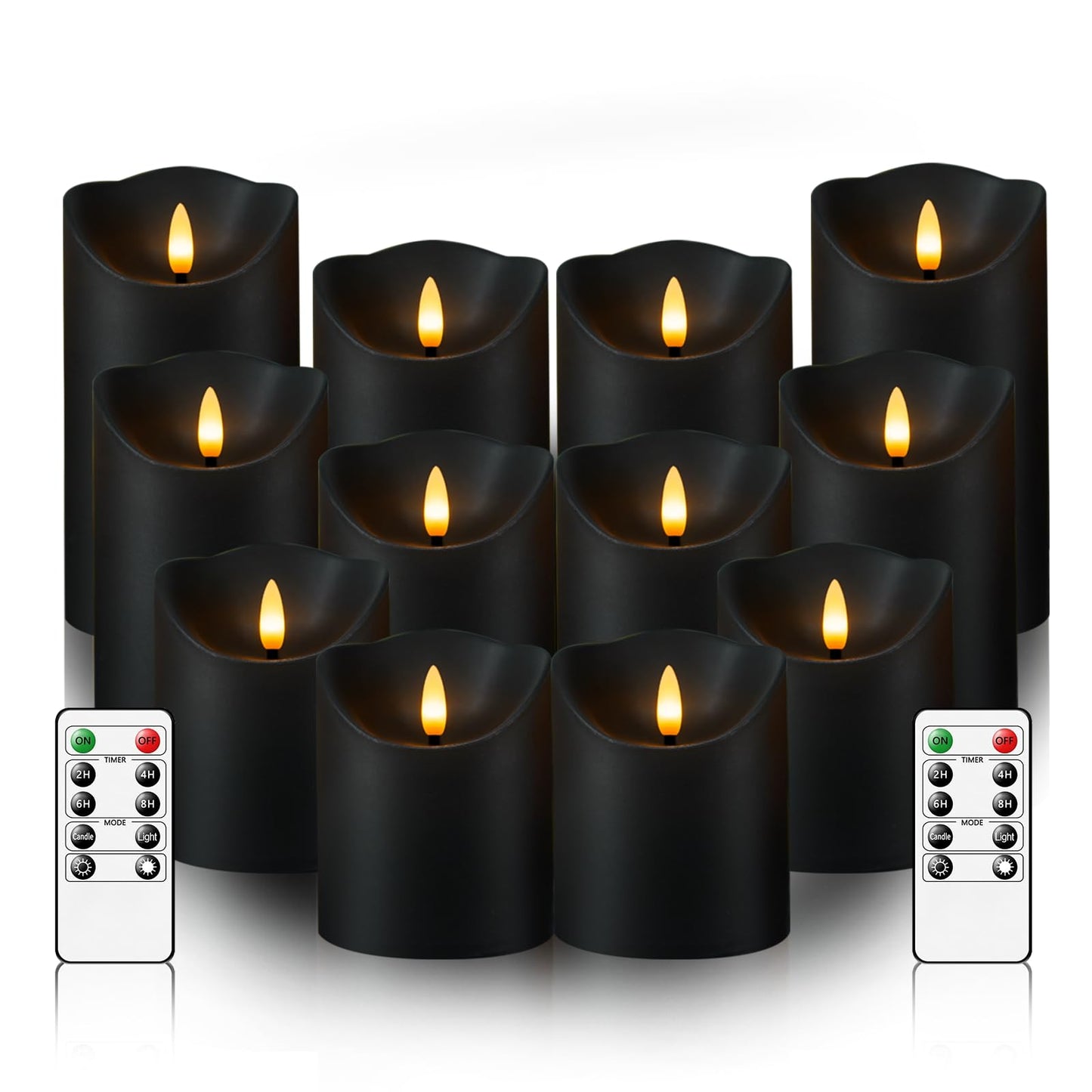 kakoya Flameless LED Candles Battery Operated with Remote and Timer,Flickering Electric Fake Plastic Pillar Candles Set of 12(D3 x H 3" 4" 5") Black